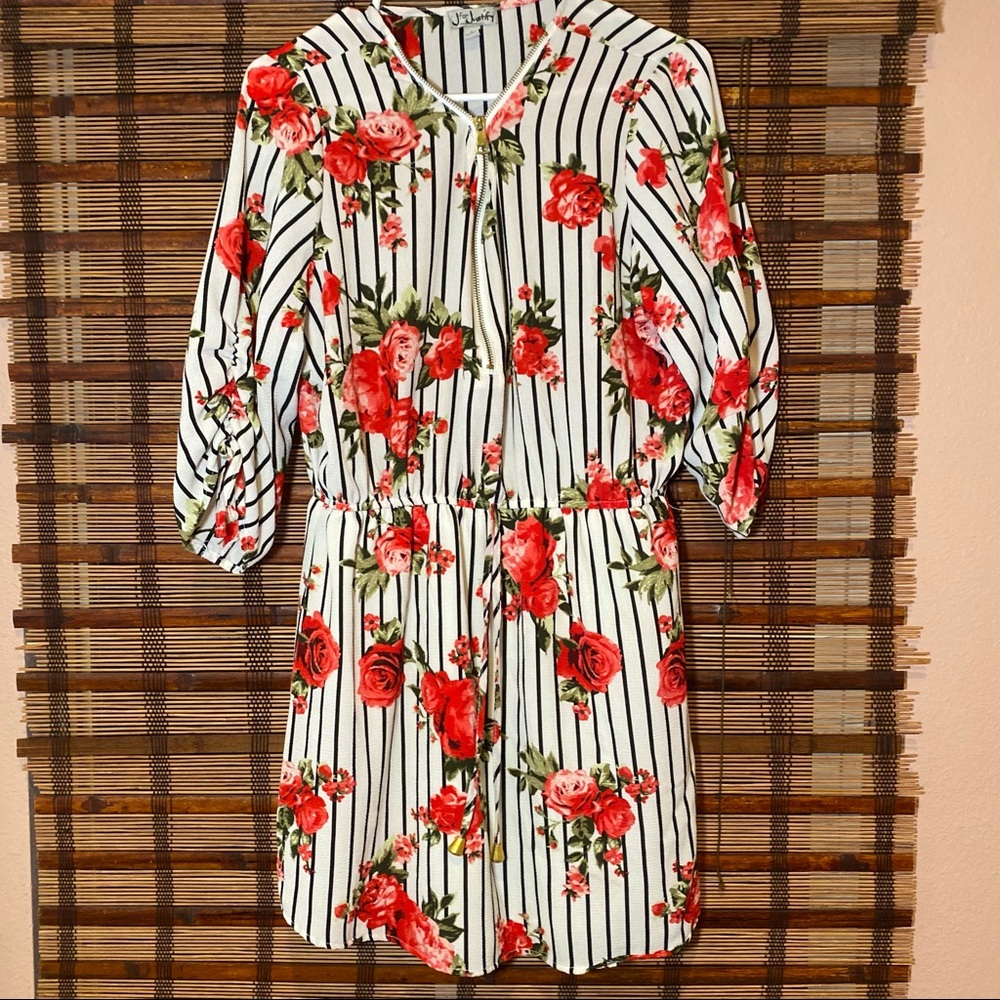 White Front zipper dress with black stripes and red florals(spring,summer,roses)